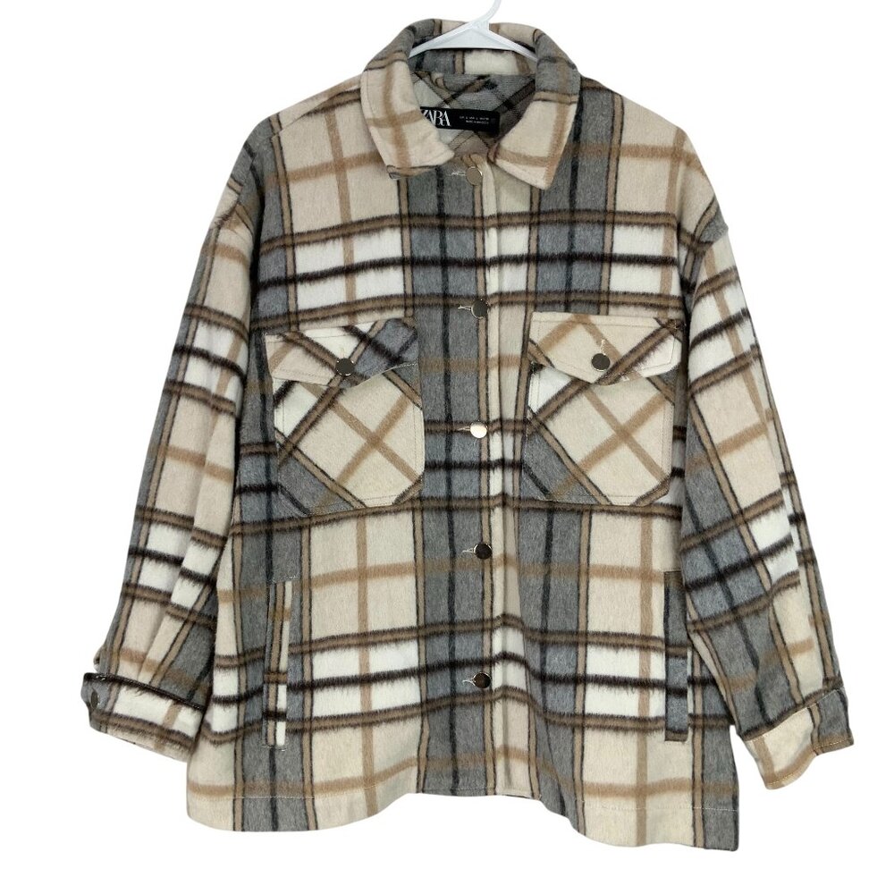 Zara Cream Brown Plaid Flannel Coat L Button Up Collared Long Sleeve Shacket